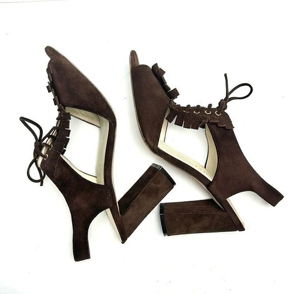 Bettye Muller Brown Suede High Heels Sandals Lace Up with Fringes Italy 40 US 10 - Picture 10 of 15